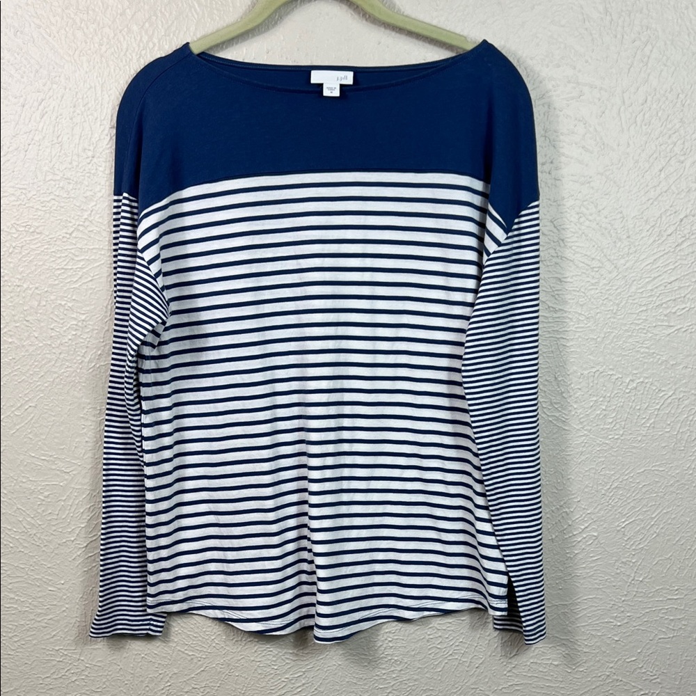 J. Jill Navy Blue & White Multi Stripe Boat Neck Long Sleeve Top Medium